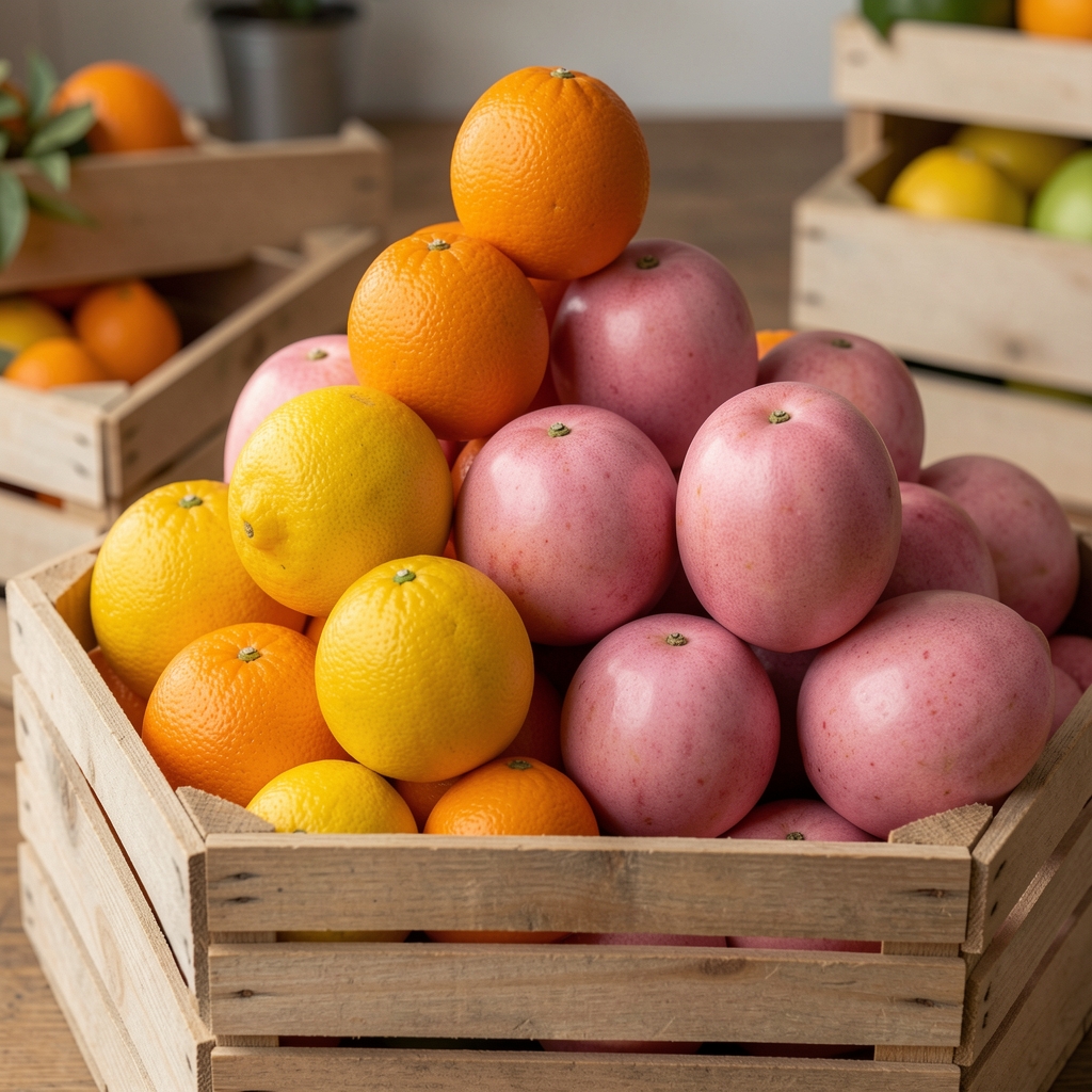 Oranges, citrons jaunes, clémentines et pamplemousses roses empilés dans des cagettes en bois