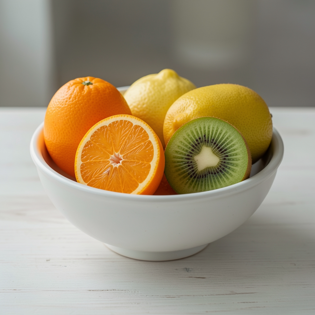 Oranges, citrons et kiwis coupés en deux dans une coupe en céramique claire