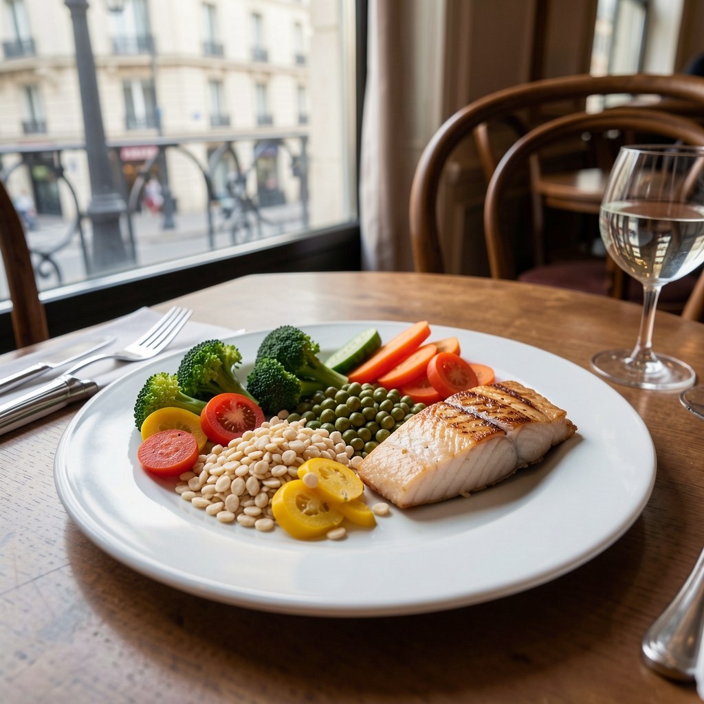 Assiette équilibrée de légumes, céréales et poisson sur une table parisienne