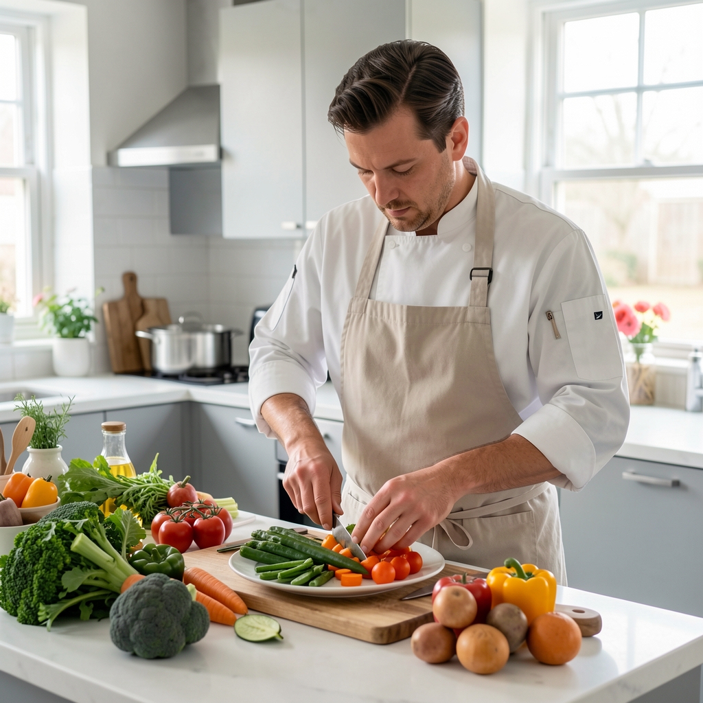 Cuisinier préparant des légumes de saison dans une cuisine claire en vue de photographier un plat