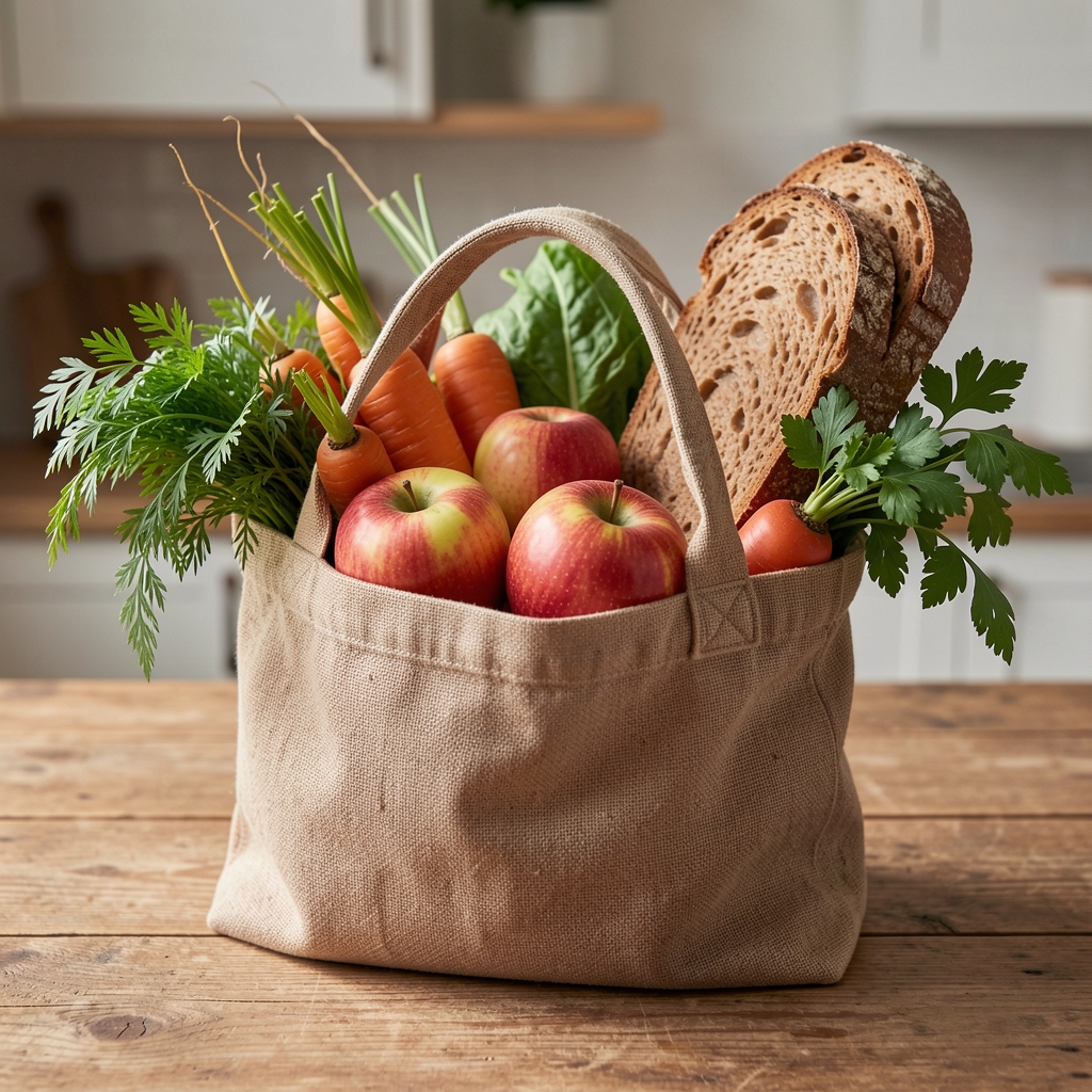 Sac de courses contenant pommes, carottes, herbes fraîches et pain complet