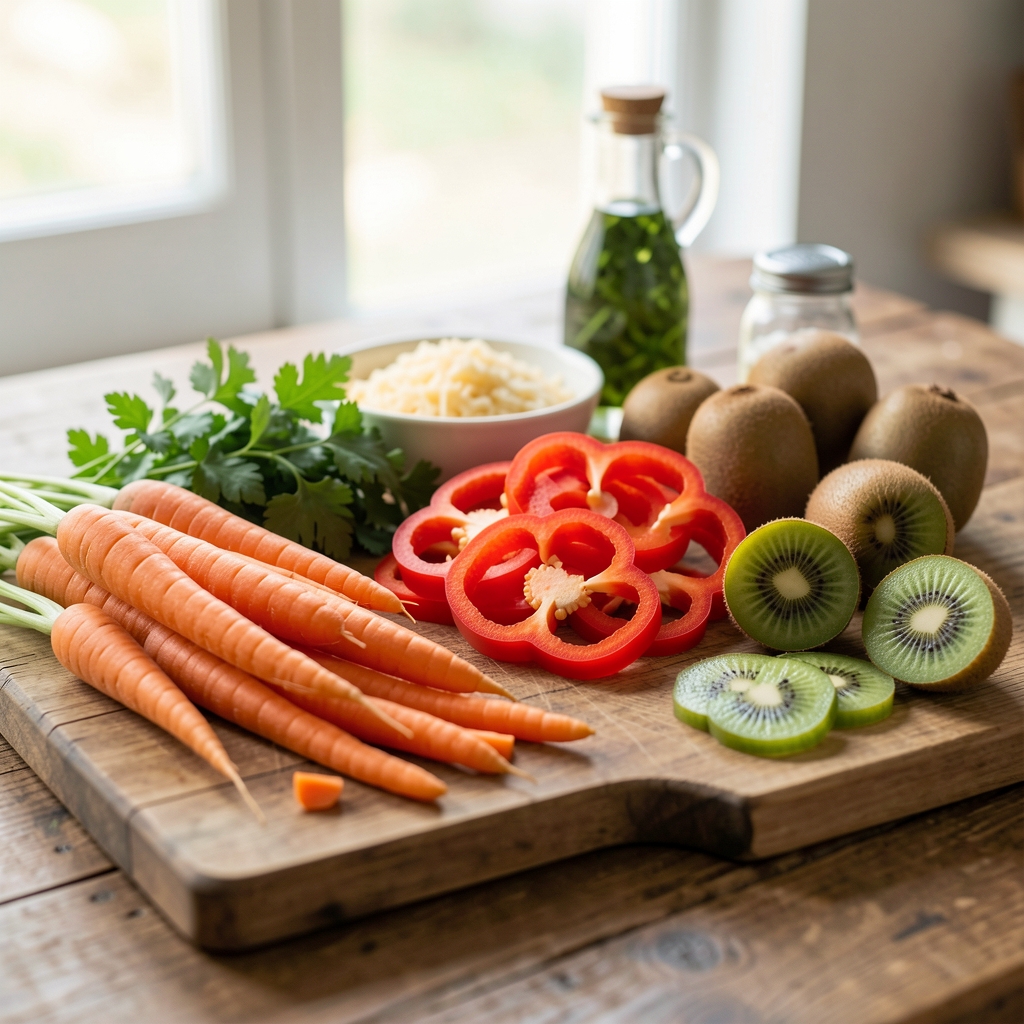 Table de préparation avec carottes, poivrons, kiwis et persil frais prêts à être cuisinés