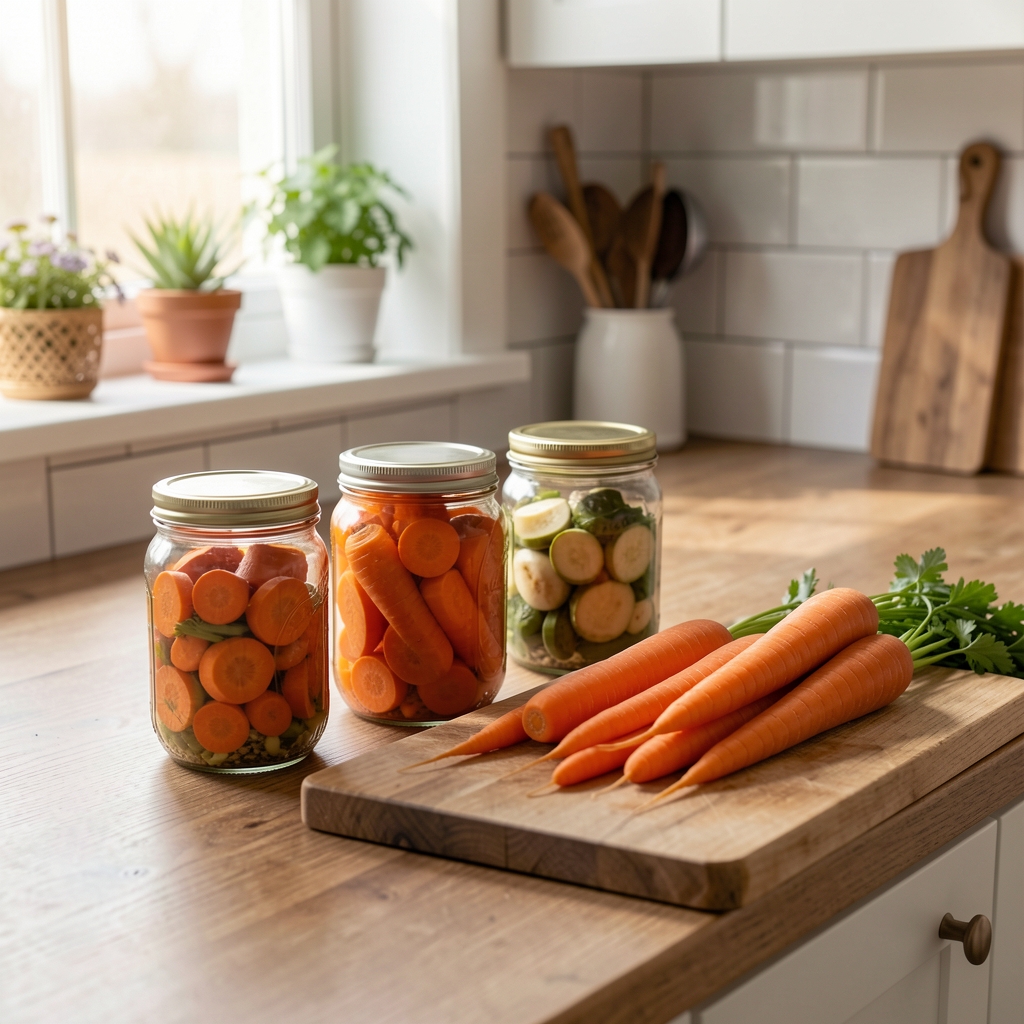 Plan de travail de cuisine avec bocaux de conserves maison, carottes lavées et planche à découper