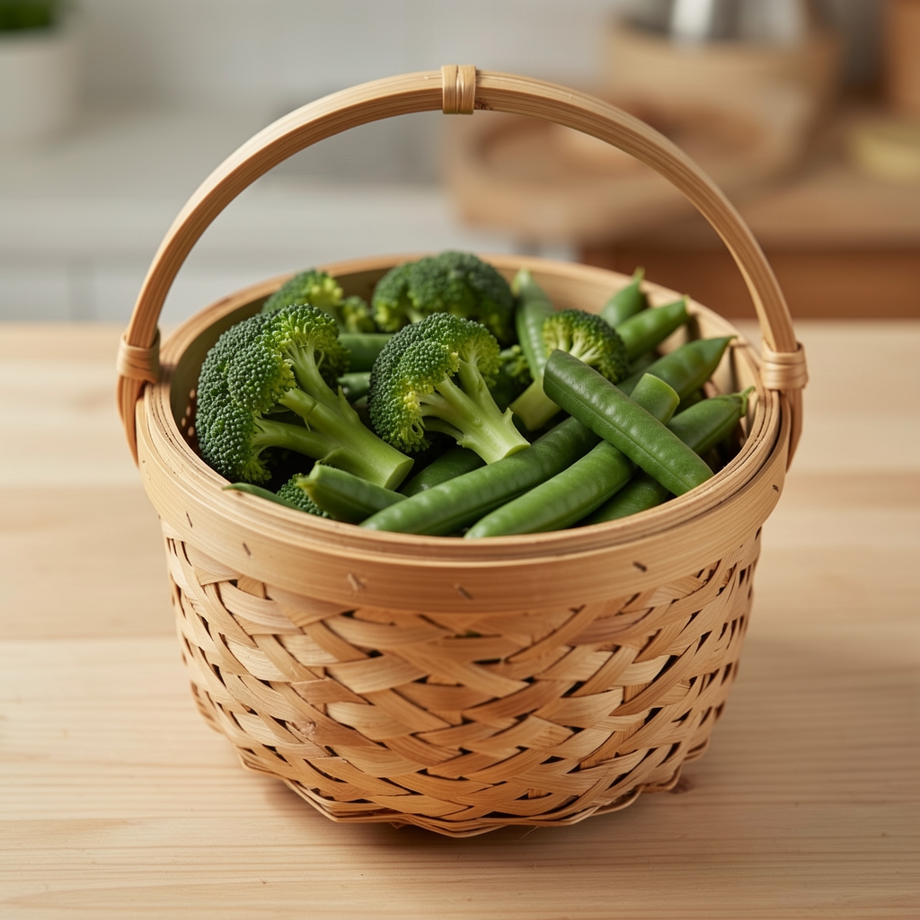 Panier vapeur en bambou rempli de brocolis et de haricots verts d'un vert vif au-dessus d'une casserole