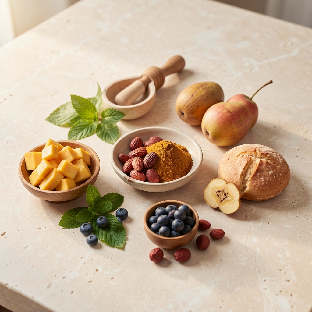 Sélection de cinq aliments naturels disposés sur une table en pierre claire
