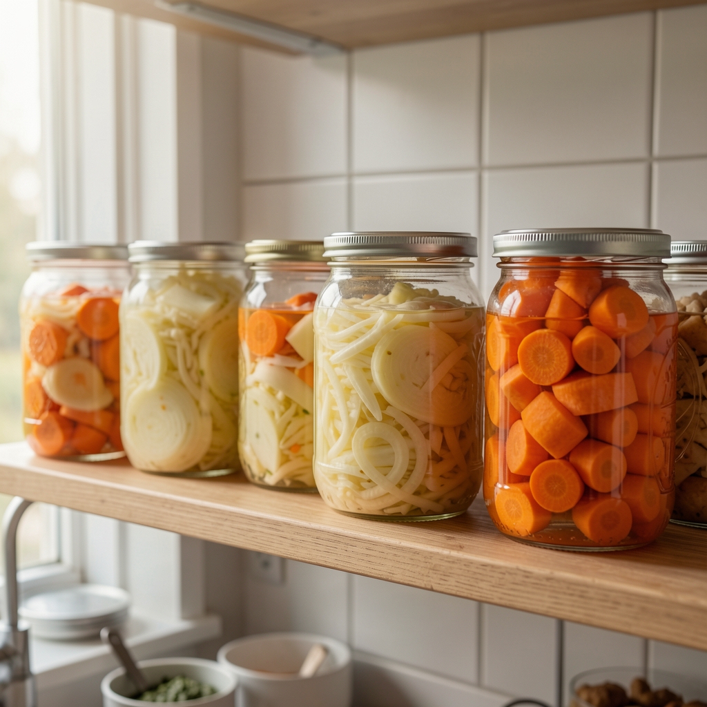 Bocaux en verre de choucroute et de carottes lactofermentées alignés sur une étagère de cuisine