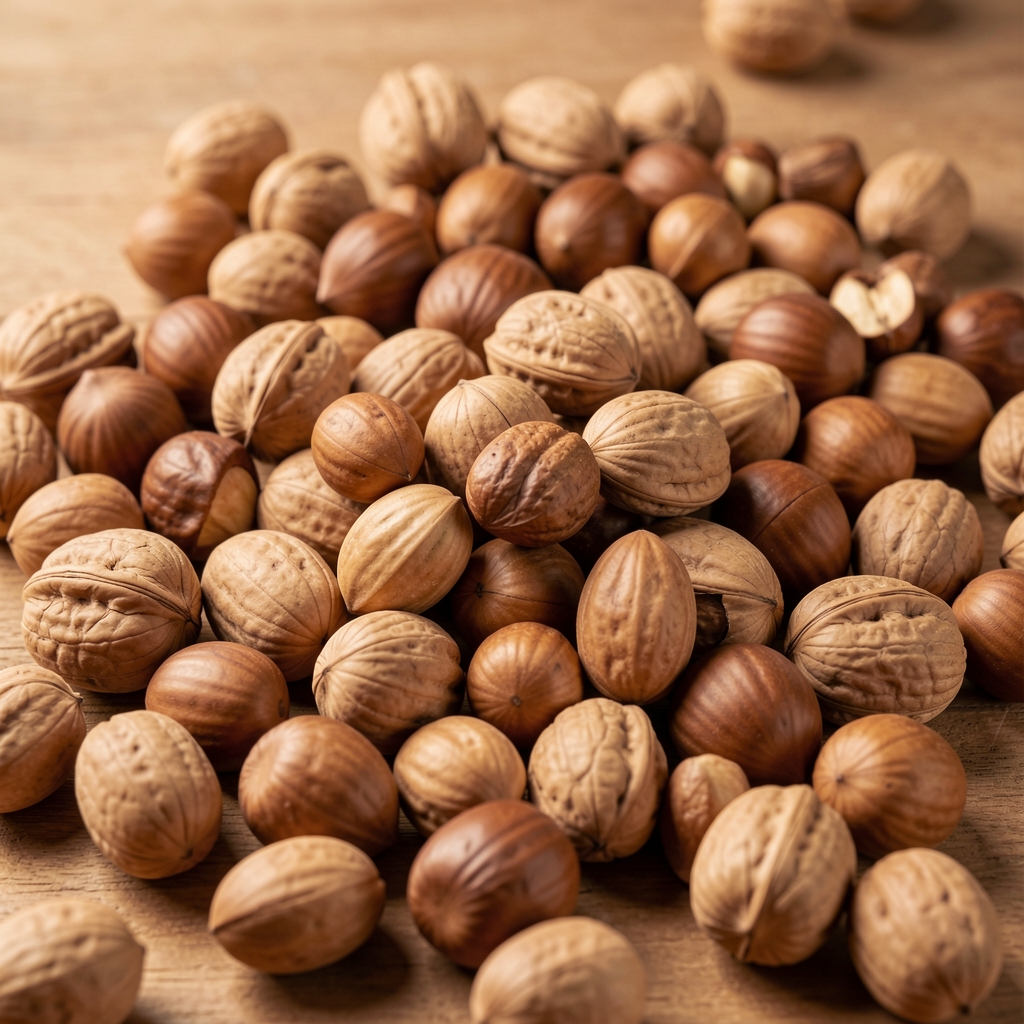Assortiment de noix, d'amandes et de noisettes dans de petits bols en céramique sur une nappe en lin