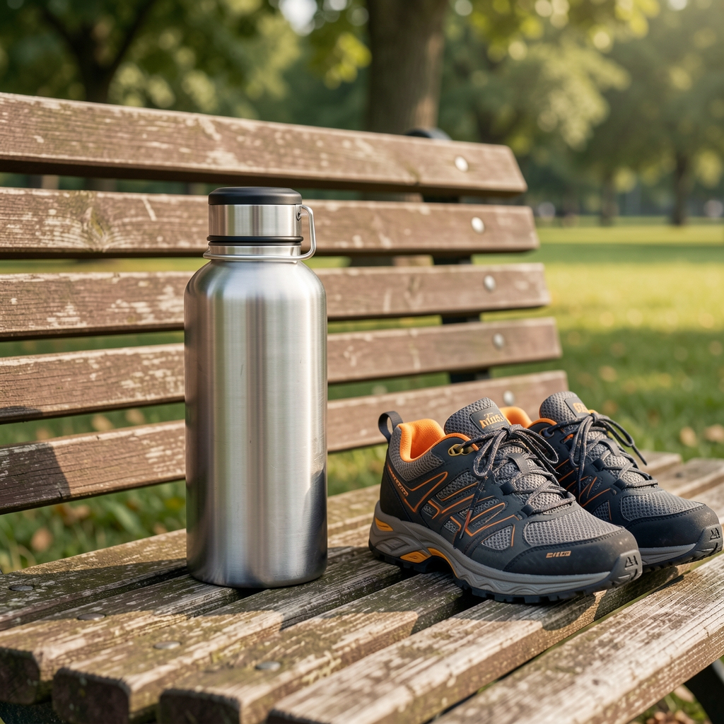 Gourde en inox posée sur un banc de parc à côté de chaussures de marche et d'une pomme