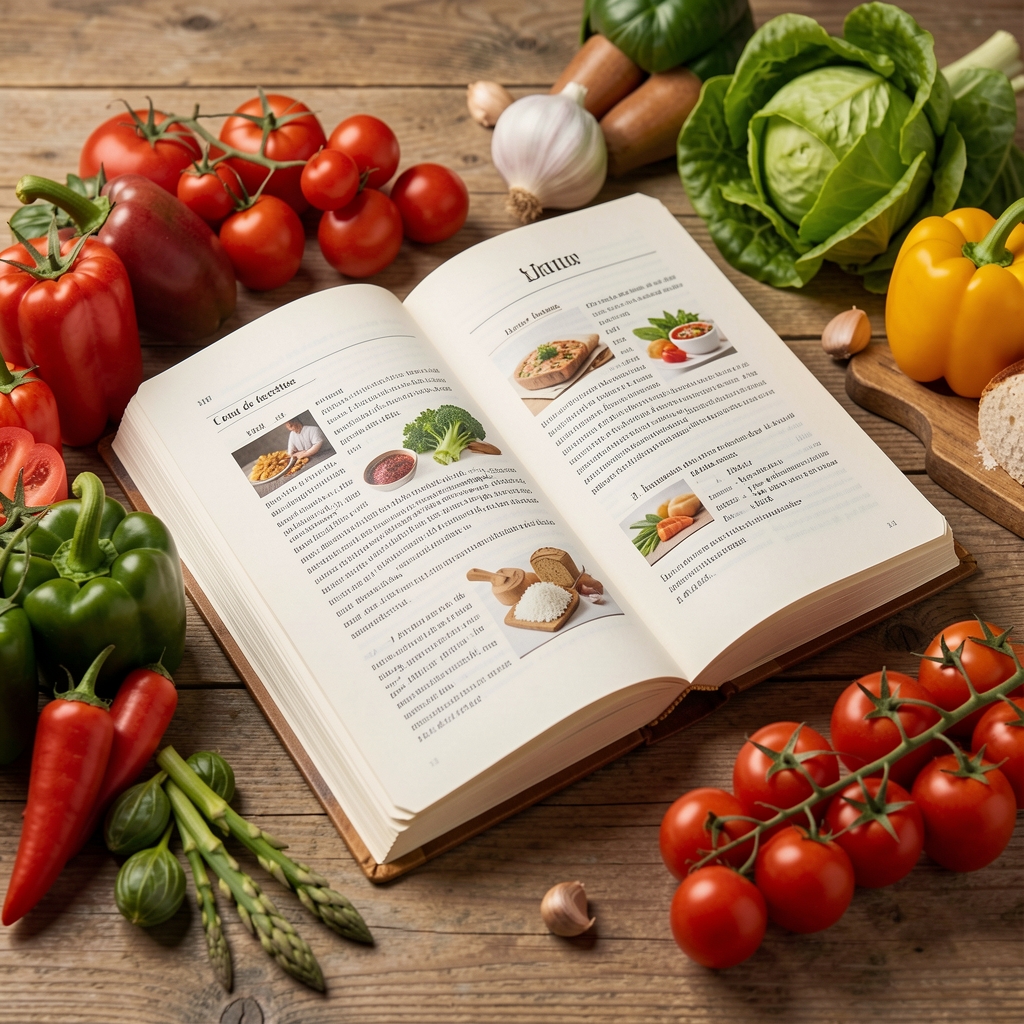 Carnet de recettes ouvert près de légumes frais et d'une planche en bois