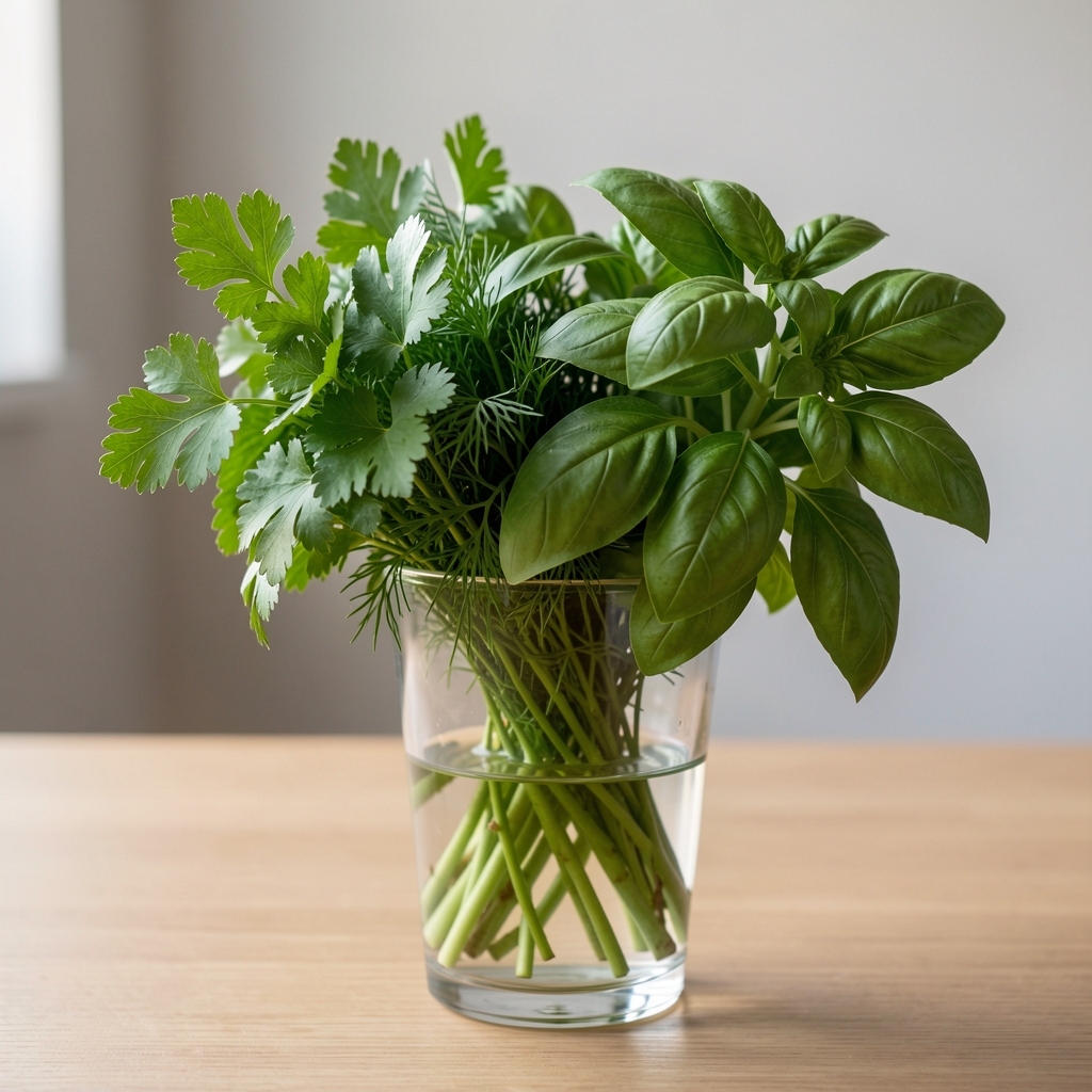 Bouquets de persil, de ciboulette et de basilic dans un verre d'eau près d'une fenêtre