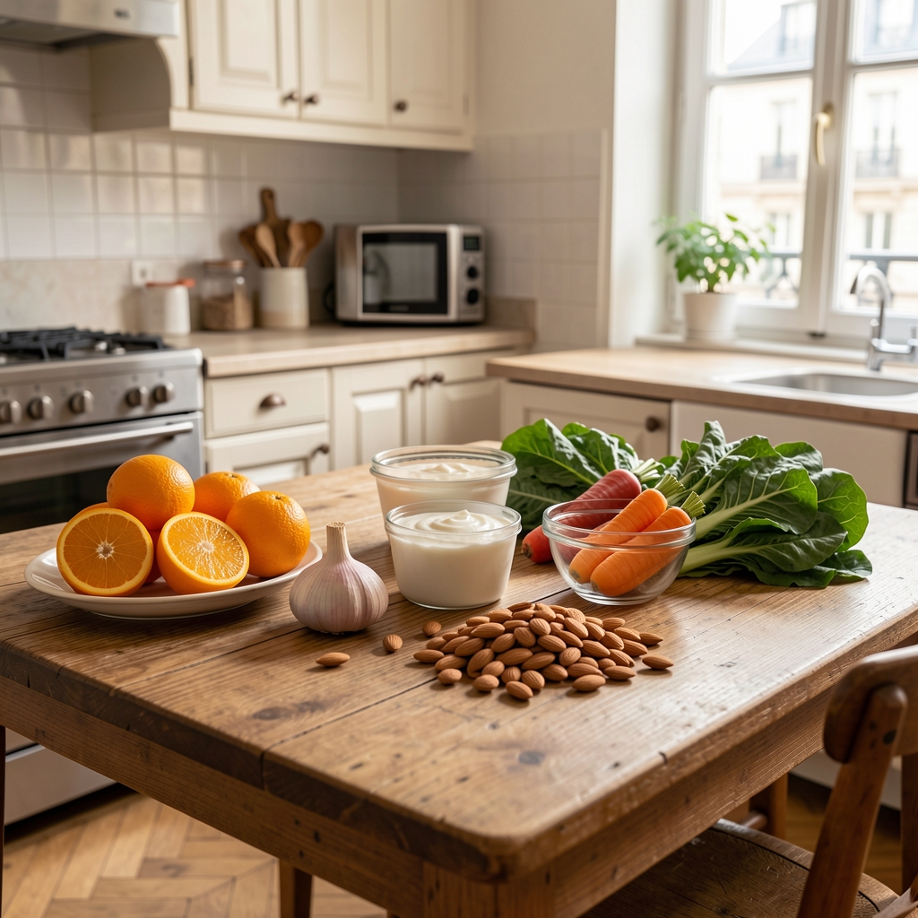 Table lumineuse avec agrumes, ail, yaourt nature, amandes et légumes verts disposés dans une cuisine parisienne
