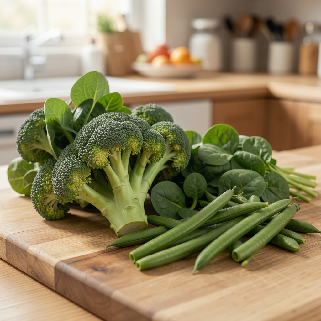 Brocolis, épinards frais et haricots verts disposés sur un plan de travail de cuisine