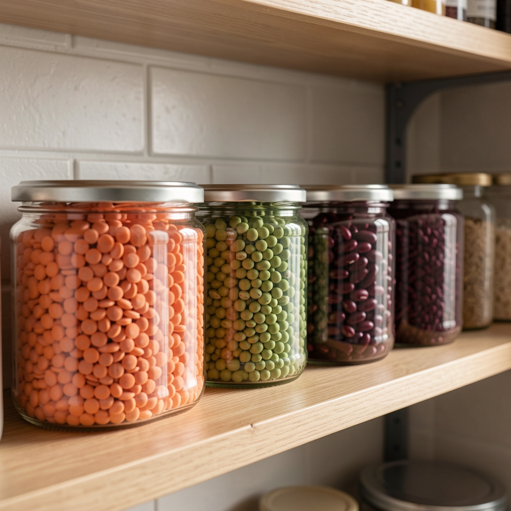 Bocaux de lentilles corail, pois chiches et haricots rouges alignés sur une étagère de cuisine