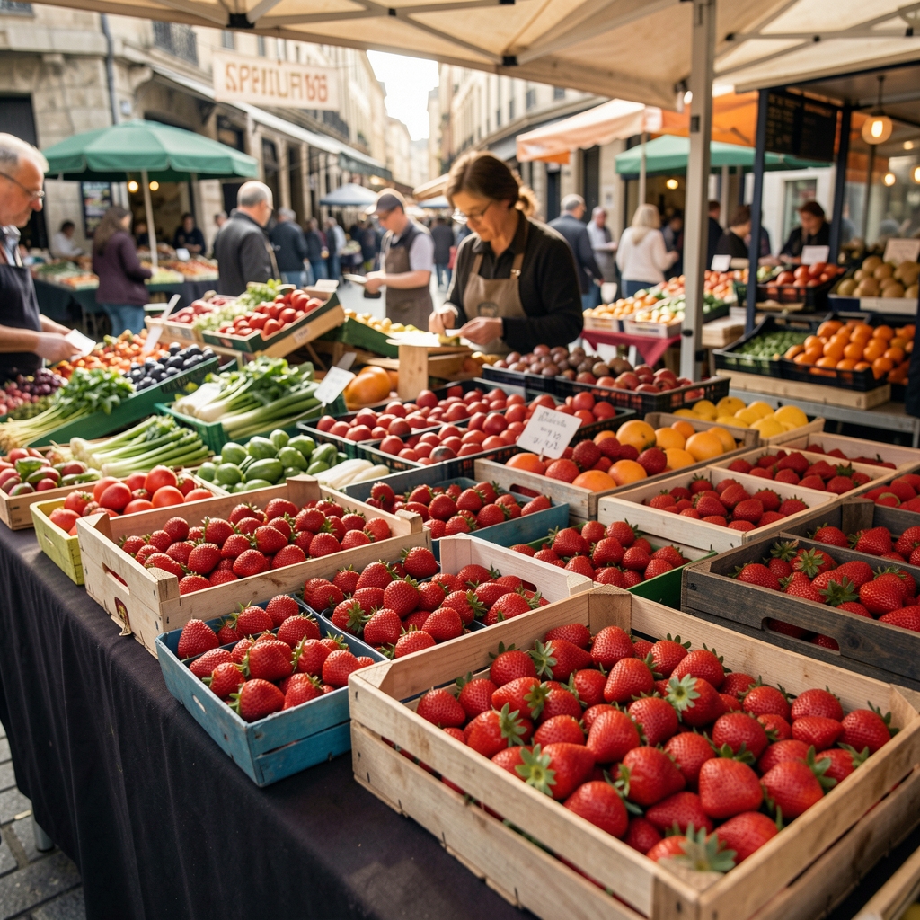 Étal de marché avec cagettes de fraises, d'asperges et de salades vertes sous un auvent