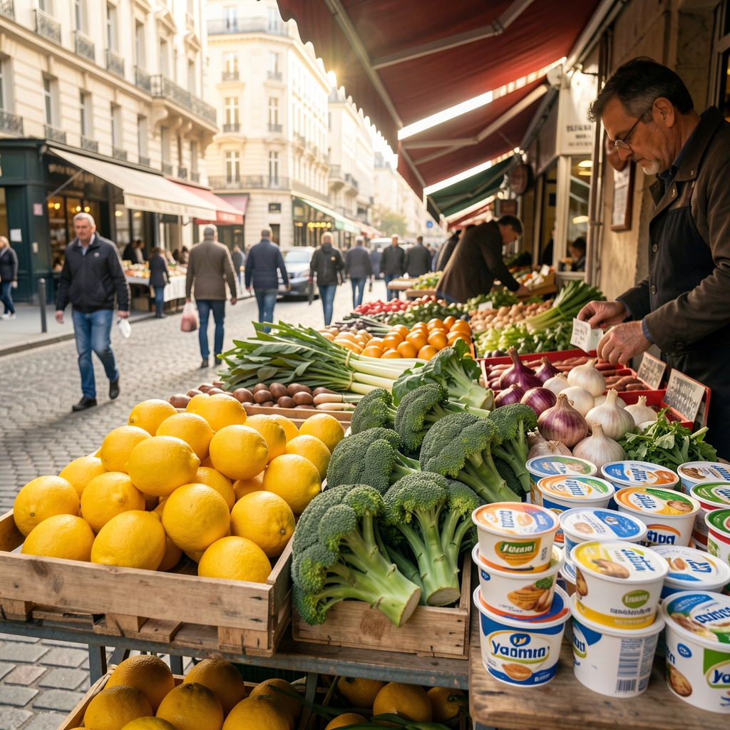 Étal de marché parisien avec citrons, brocolis, ail frais et pots de yaourt artisanal sous la lumière du matin