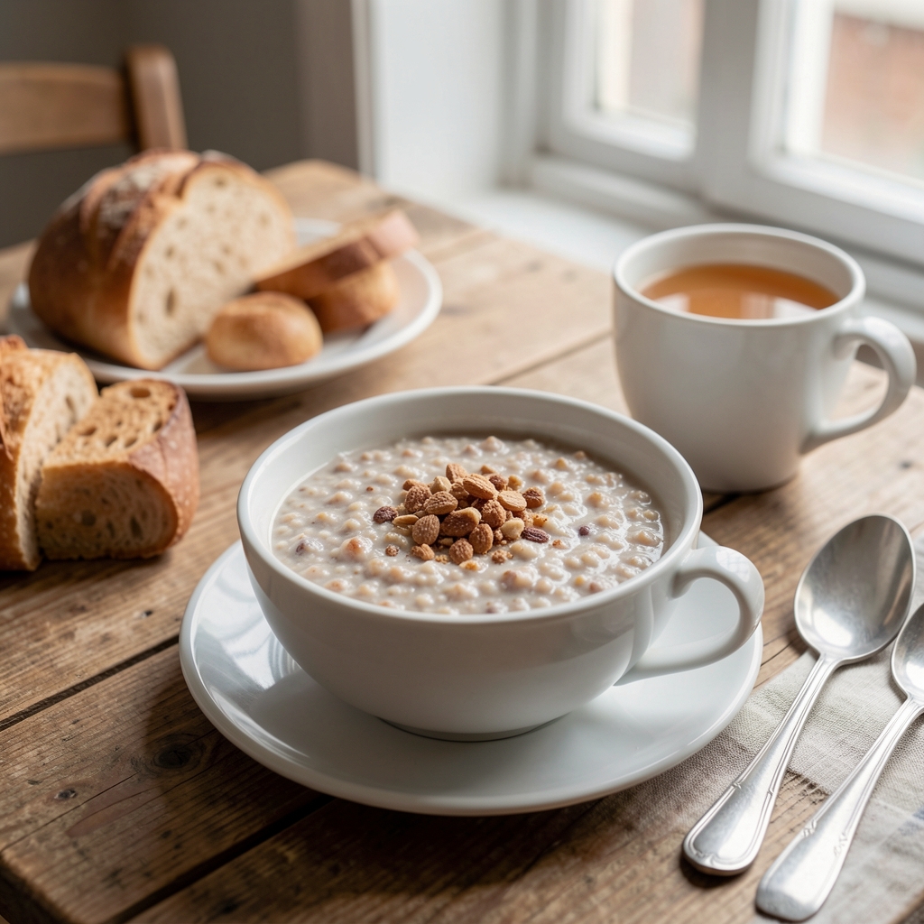 Petit déjeuner avec porridge d'avoine, tranches de poire et noix disposé dans un bol en céramique