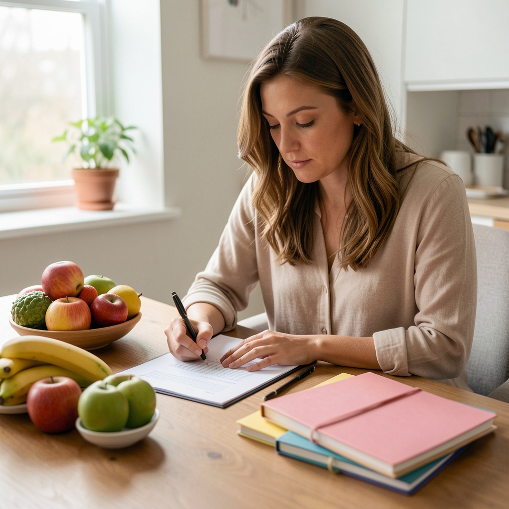 Rédactrice annotant un texte sur la nutrition à une table de travail avec des fruits et des carnets
