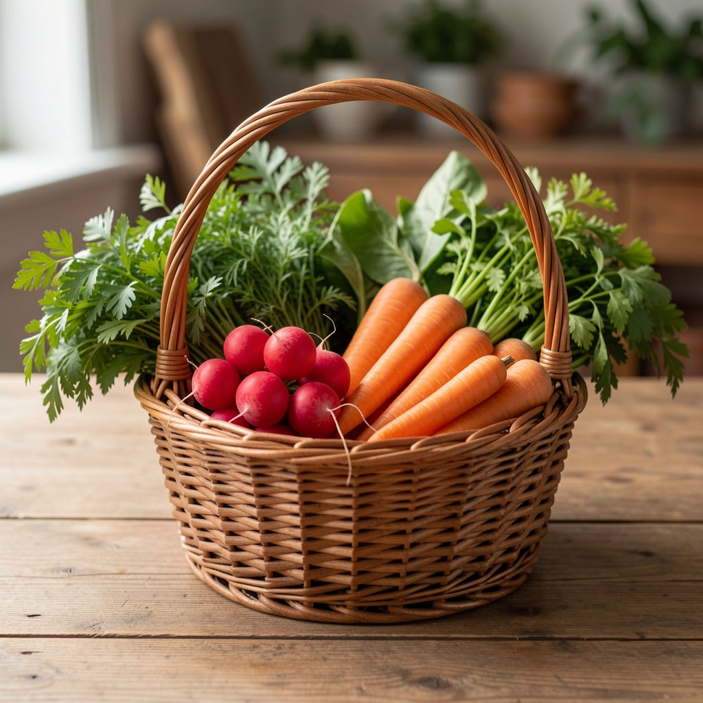 Panier de légumes de printemps avec radis, carottes et herbes fraîches sur une table en bois