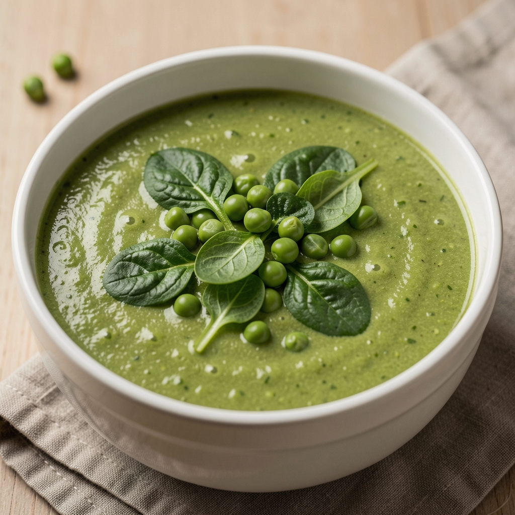 Bol de soupe verte aux épinards et petits pois garni d'herbes fraîches et d'un filet d'huile d'olive