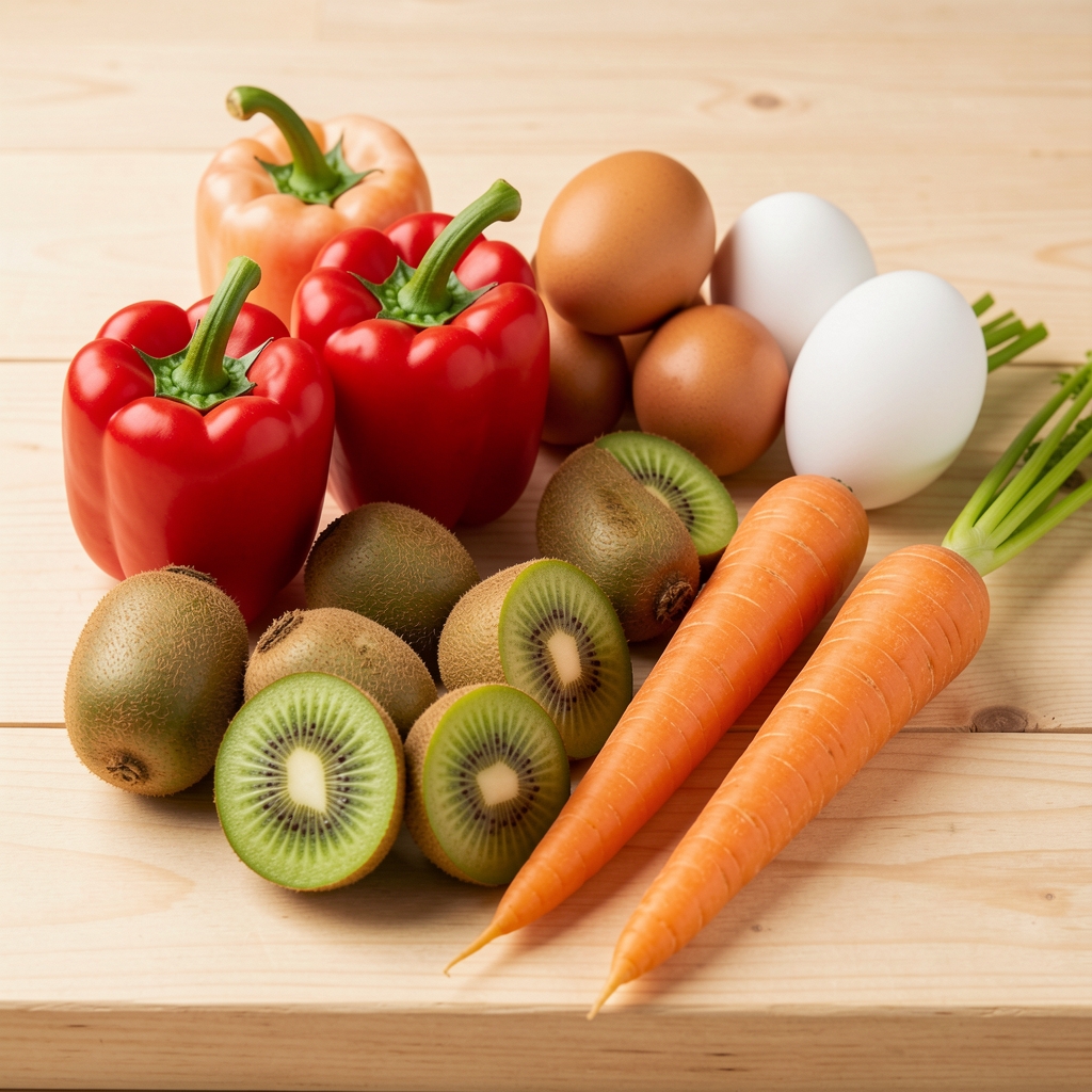 Poivrons rouges, kiwis, carottes et œufs disposés par couleur sur une planche en bois clair